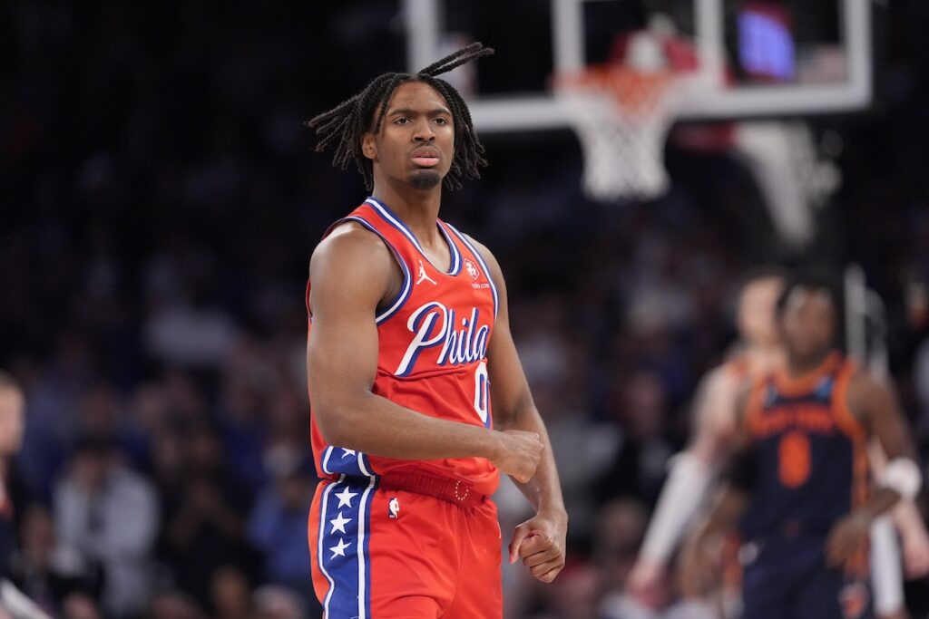76ers Knicks Basketball Philadelphia 76ers' Tyrese Maxey (0) gestures after making a 3-point basket during the second half of Game 2 in an NBA basketball first-round playoff series against the New York Knicks, Monday, April 22, 2024, in New York.