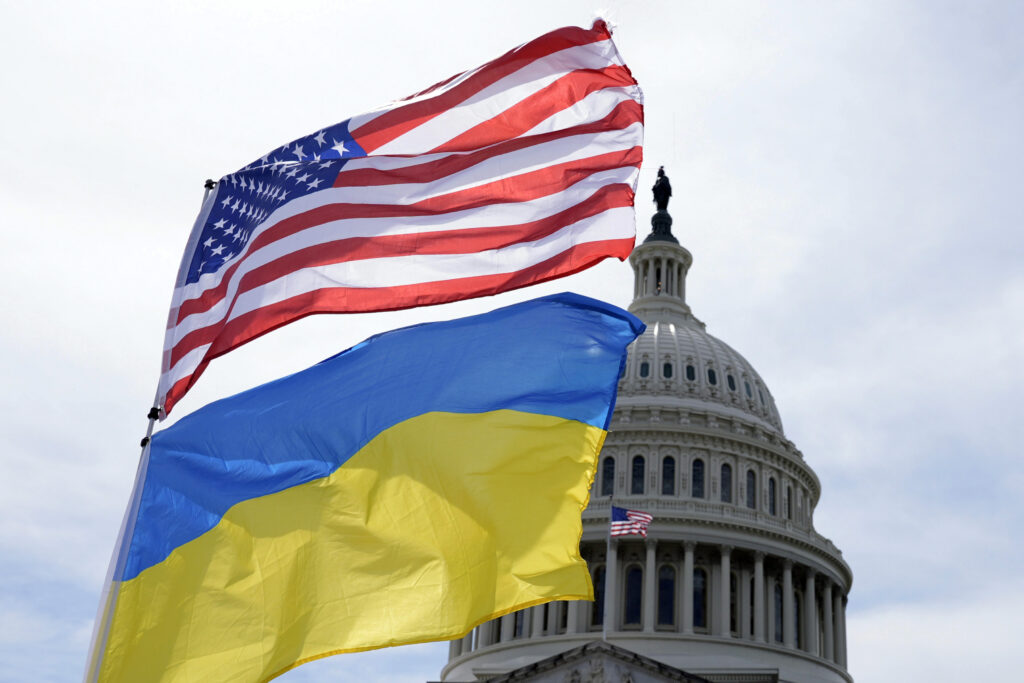 Congress Ukraine The American and Ukrainian flags wave in the wind outside of the Capitol on Tuesday, April 23, 2024, in Washington. The Senate is moving ahead with $95 billion in war aid to Ukraine, Israel and Taiwan.