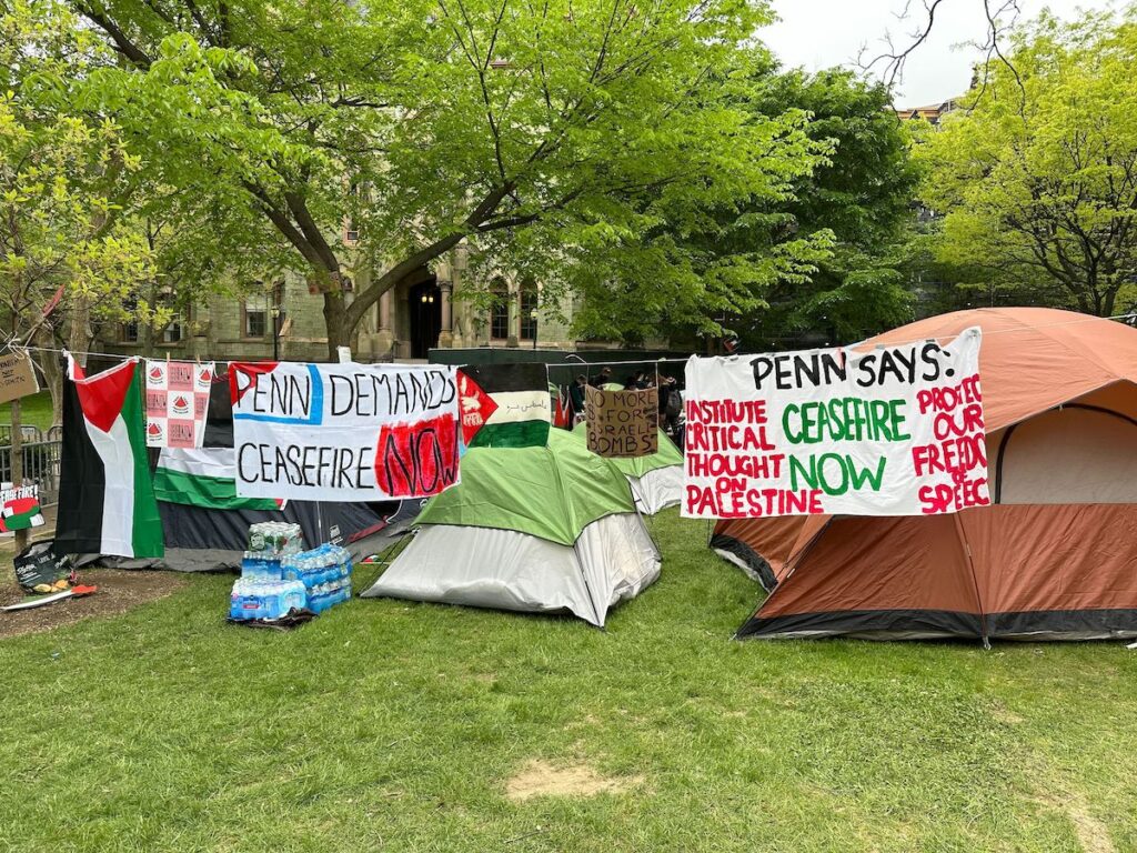 Penn Student Encampment with signs Penn Student Encampment with signs