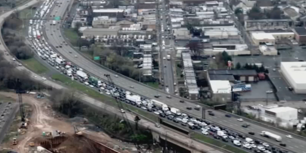 I-95-northbound-bridge-closure-philadelphia-wpvi-040224 A truck hit an overhead bridge on I-95 in Port Richmond April 1, 2024.