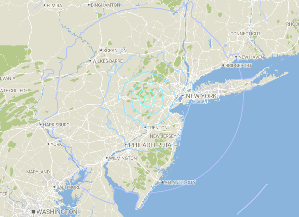 Map showing radius of aftershocks from earthquake