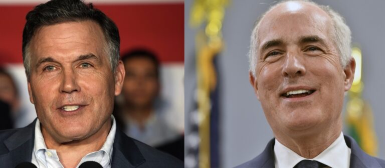 This photo combo shows. Republican David McCormick, left, addressing supporters at the Heinz History Center in Pittsburgh, Sept. 21, 2023 and Sen. Bob Casey, D-Pa., speaking during an event at AFSCME Council 13 offices, March 14, 2024, in Harrisburg, Pa..