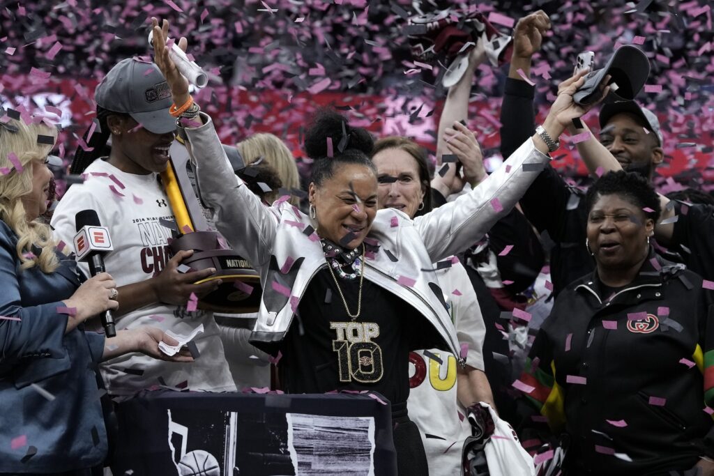 South Carolina head coach Dawn Staley celebrates after the Final Four college basketball championship game against Iowa in the women's NCAA Tournament