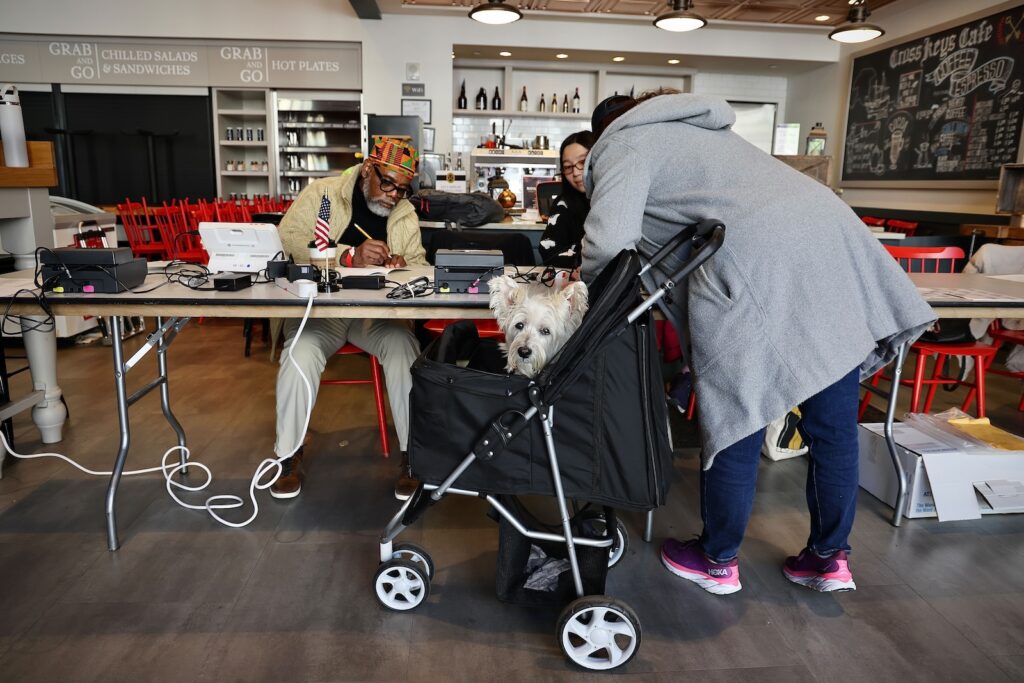 election-day-primary-pa-museum-american-revolution-voter-EL-042324 Melissa Lewis brought her dog, Poppy, to her polling place at the Museum of the American Revolution