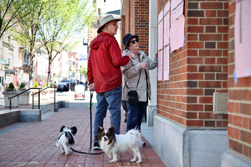 election-day-primary-pa-philadelphia-EL-04232402 Robert and Joan Greenstein, accompanied by their dogs, Erda and Orion, look over a sample ballot before voting at the Museum of the American Revolution in Old City