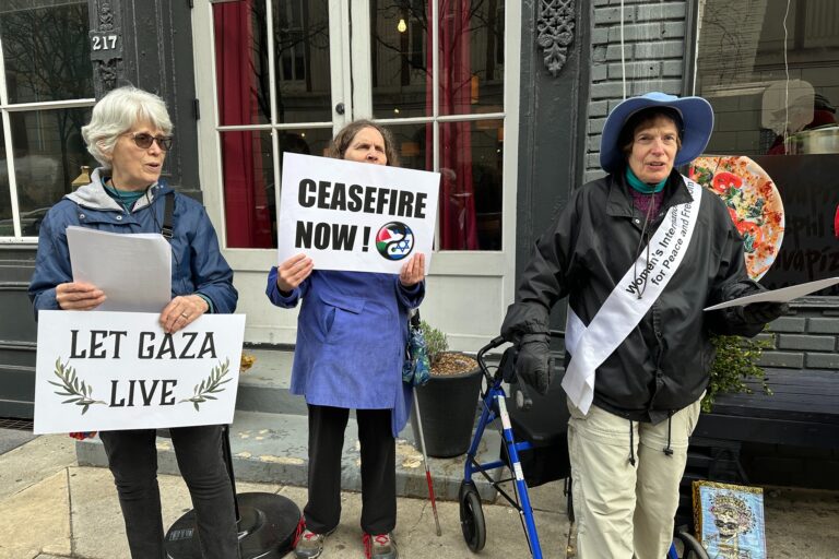 Peace activists protest outside the U.S. Custom House in Old City