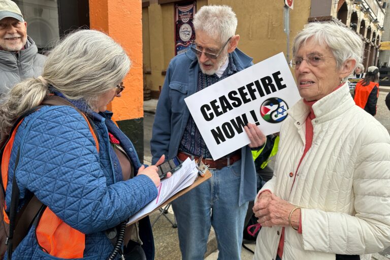 Peace activists protest outside the U.S. Custom House in Old City