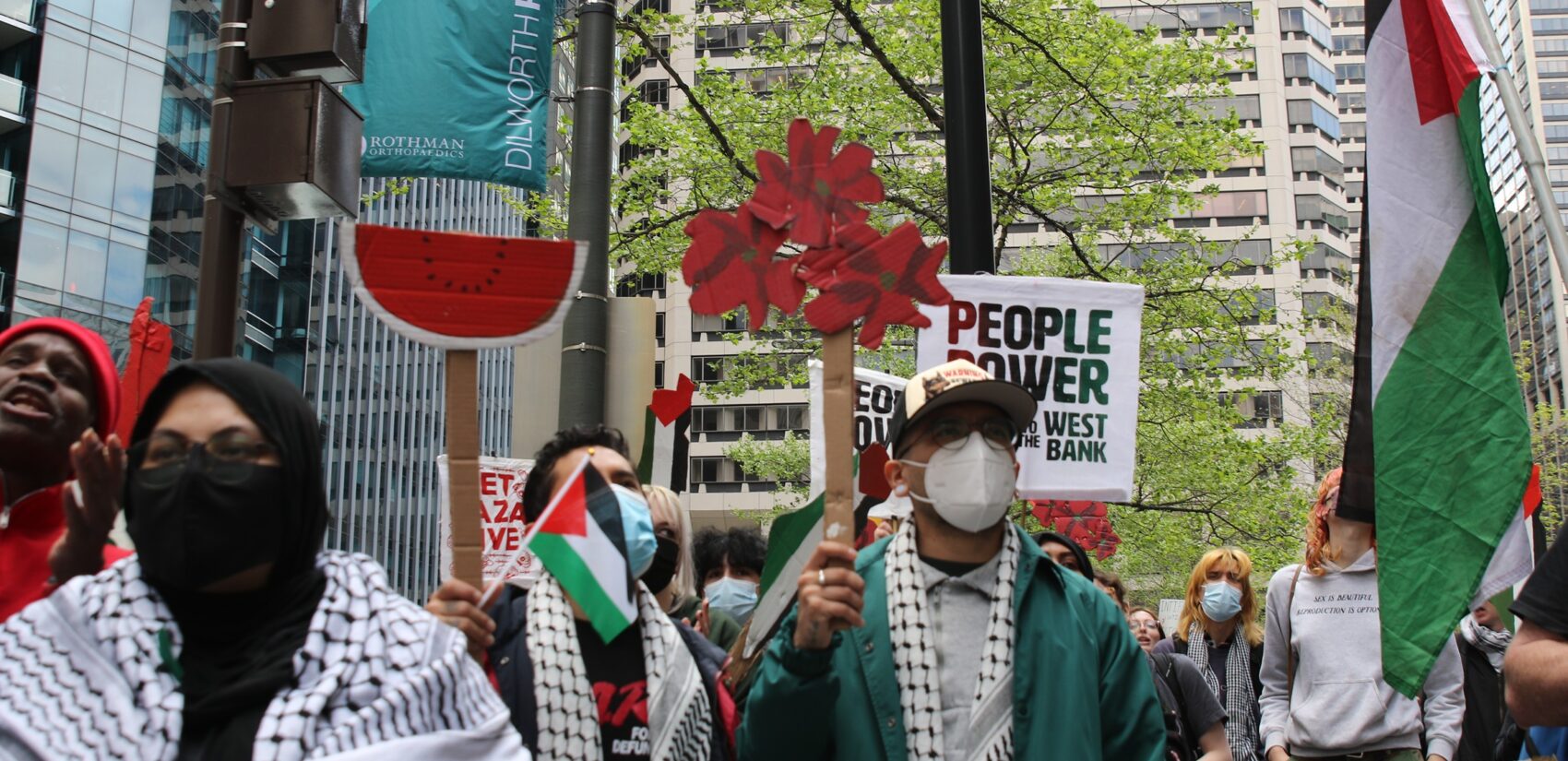 Hundreds of protesters gathered at City Hall on April 25, 2024 to demand a ceasefire in the Israel-Hamas War. (Cory Sharber/WHYY)
