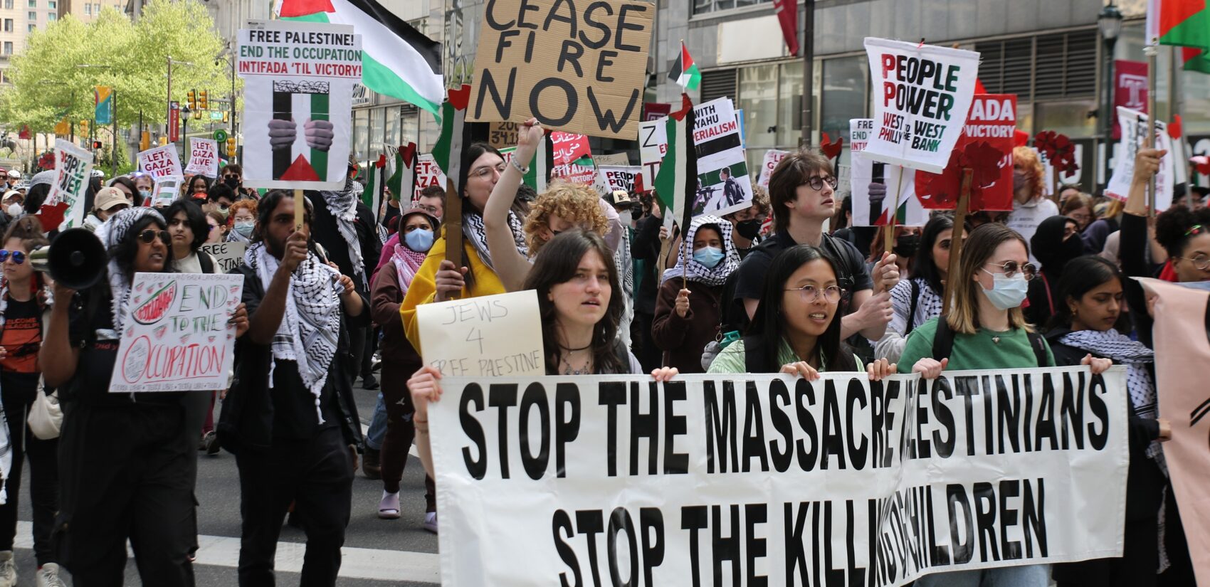 Hundreds of protesters gathered at City Hall on April 25, 2024 to demand a ceasefire in the Israel-Hamas War. (Cory Sharber/WHYY)