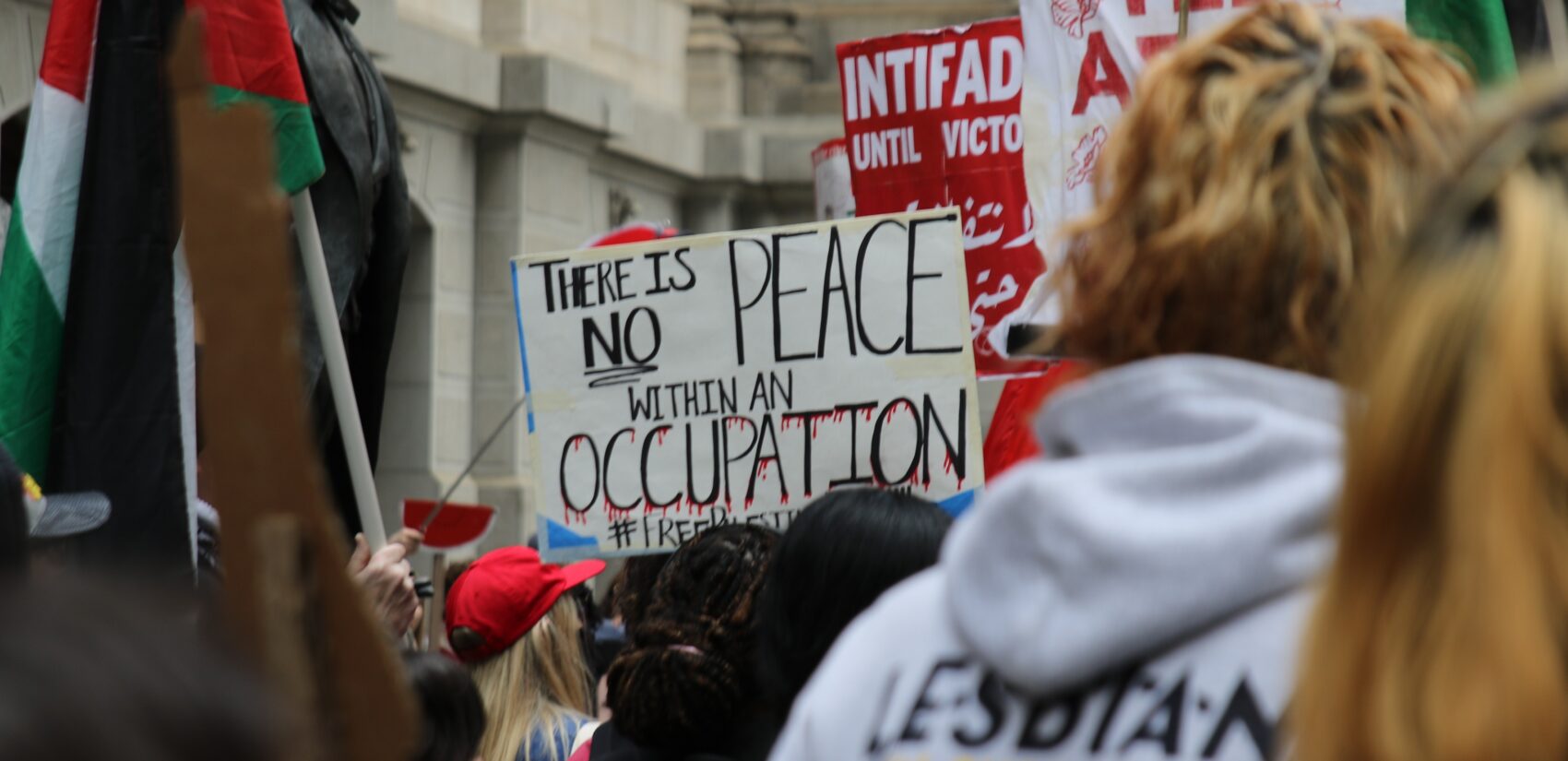 Hundreds of protesters gathered at City Hall on April 25, 2024 to demand a ceasefire in the Israel-Hamas War. (Cory Sharber/WHYY)