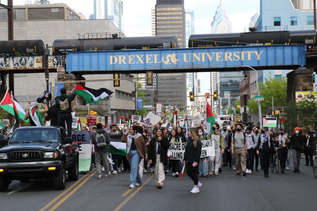 israel-protest-philadelphia-2024-04-25-42 Protesters march from City Hall down Market Street near Drexel