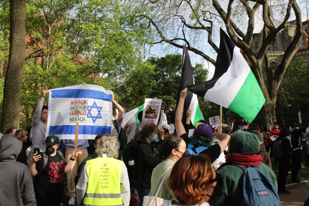 israel-protest-philadelphia-2024-04-25-47 The protests converged at the University of Pennsylvania on April 25, 2024, where students are attempting to occupy the campus grounds. (Cory Sharber/WHYY)
