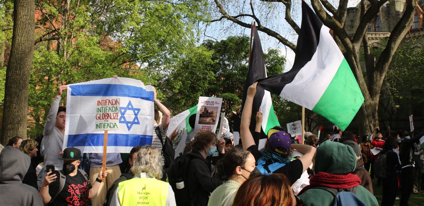 The protests converged at the University of Pennsylvania on April 25, 2024, where students are attempting to occupy the campus grounds. (Cory Sharber/WHYY)