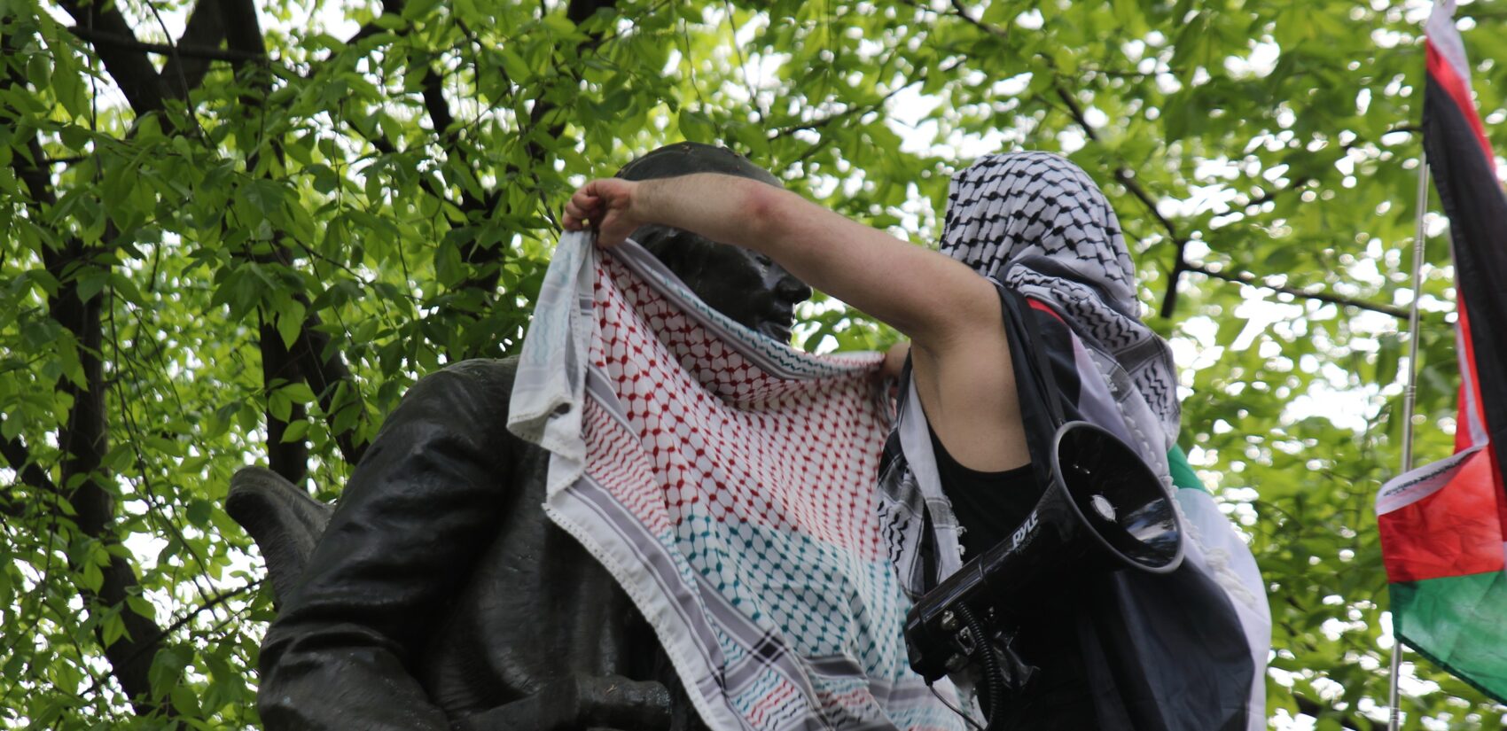 The protests converged at the University of Pennsylvania on April 25, 2024, where students are attempting to occupy the campus grounds. (Cory Sharber/WHYY)