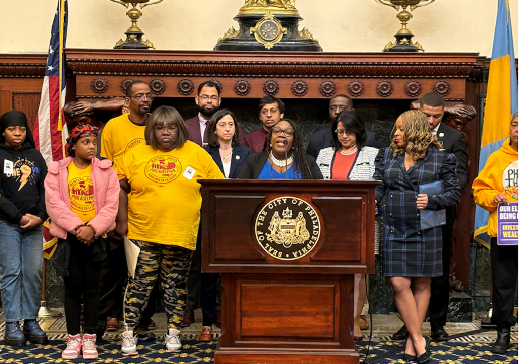 kendra-brooks-council-evictions-2024-04-03 Kendra Brooks speaking at a podium at a press conference
