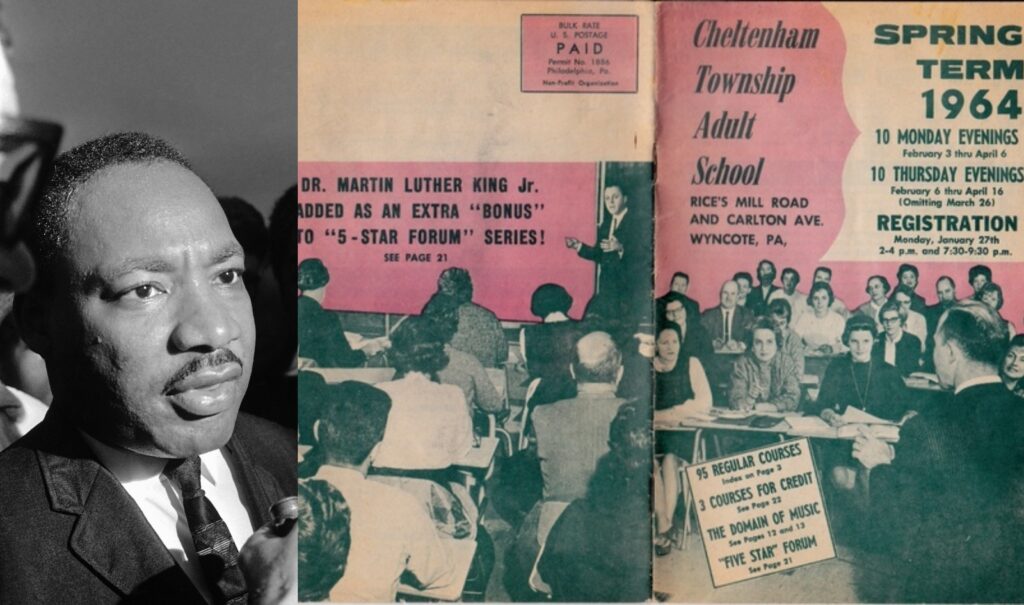 martin-luther-king-cheltenham Dr. Martin Luther King Jr. and a cover of a 1964 Cheltenham Township Adult School catalog