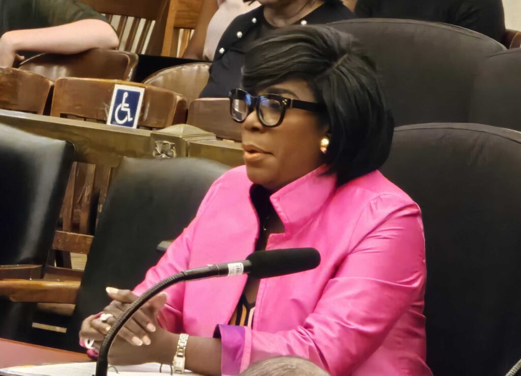 mayor-parker-city-council-t-macdonald-2024-04-30 Cherelle Parker speaking into a microphone at a table