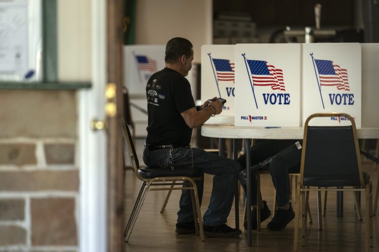 A voter marks their ballot at a polling place in Bristol, Pa., Tuesday, April 23, 2024.