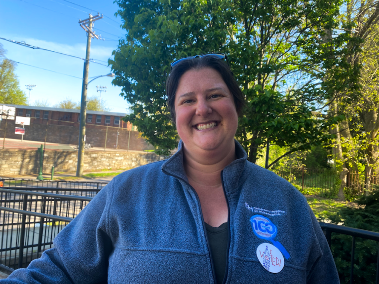Rachel Popik appears outside Lovett Library in Mt. Airy.