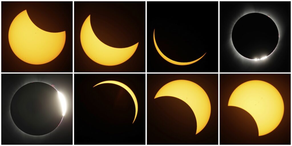 Total Solar Eclipse-Viewing This combination of photos shows the path of the sun during a total eclipse by the moon Monday, Aug. 21, 2017, near Redmond, Ore.