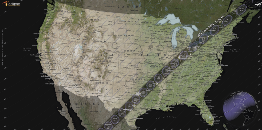 The path of totality and partial contours crossing the U.S. for the 2024 total solar eclipse occurring on April 8, 2024.