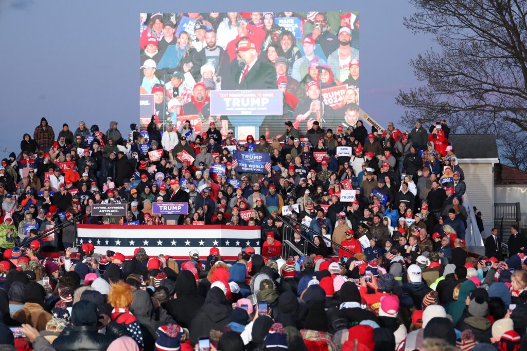 Donald Trump speaks to the crowd at his rally