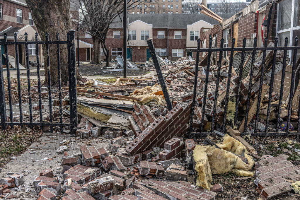 Demolition of the UC Townhomes in March of 2024. (Kimberly Paynter/WHYY) the demolished UC Townhomes