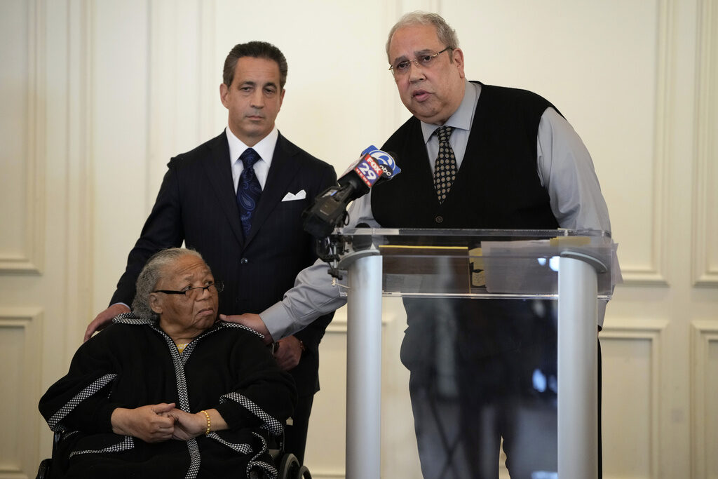 Susie Williams Carter Sam Lemon, right, speaks during a news conference with Susie Williams Carter, center, and lawyer Michael Pomerantz, Monday, May 20, 2024, in Philadelphia. Carter is the sister of the youngest person ever executed in the state of Pennsylvania, Alexander McClay Williams, 16, and Lemon is the great-grandson of the attorney who represented him. Carter is suing the county where the Black teenager was convicted in 1931. The suit comes two years after Williams' conviction by an all-white jury was vacated. (AP Photo/Matt Slocum)