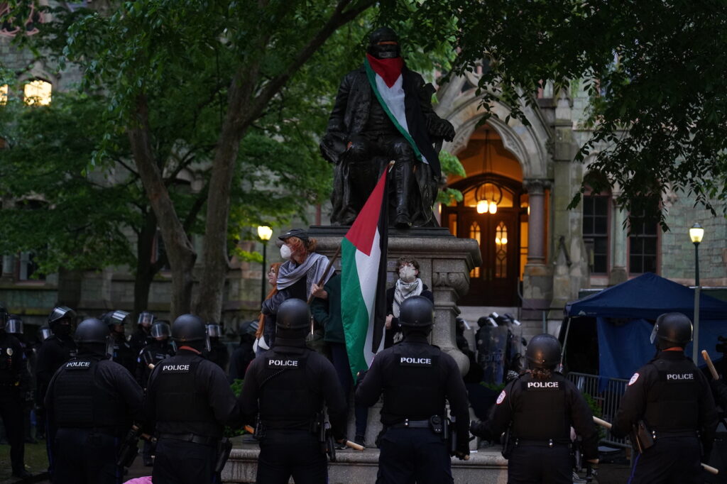 Police Disban Pro-Palistine Protest Encampment Police disband the pro-Palestine encampment and make numerous arrests, Friday May 10, 2024, on the campus of the University of Pennsylvania.