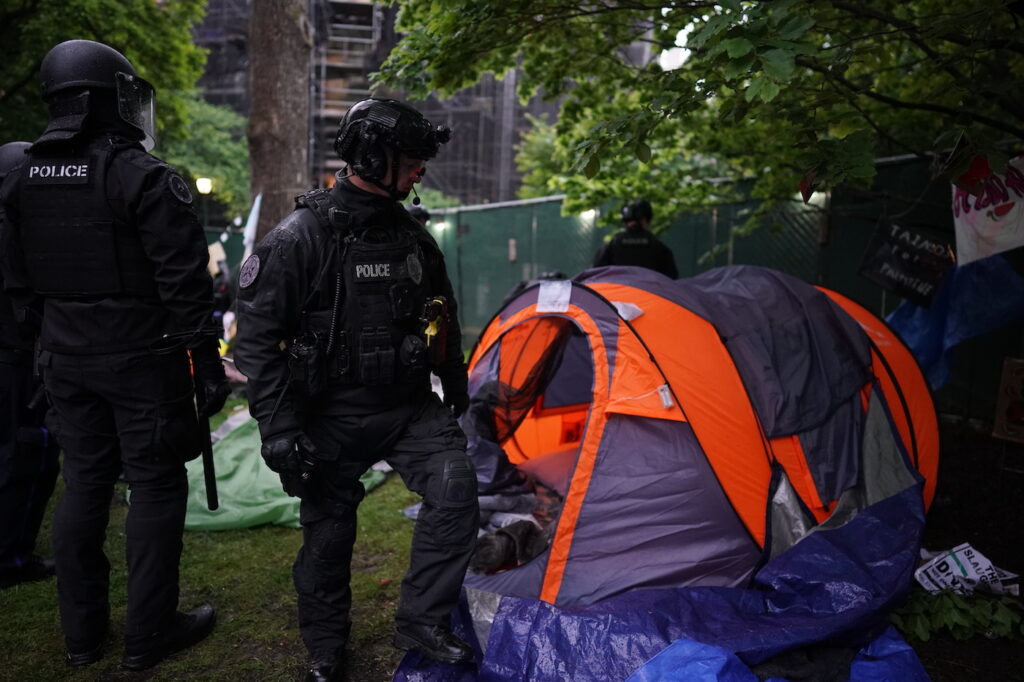 Police Disban Pro-Palistine Protest Encampment Police disband the pro-Palestine encampment and make numerous arrests, Friday May 10, 2024, on the campus of the University of Pennsylvania.