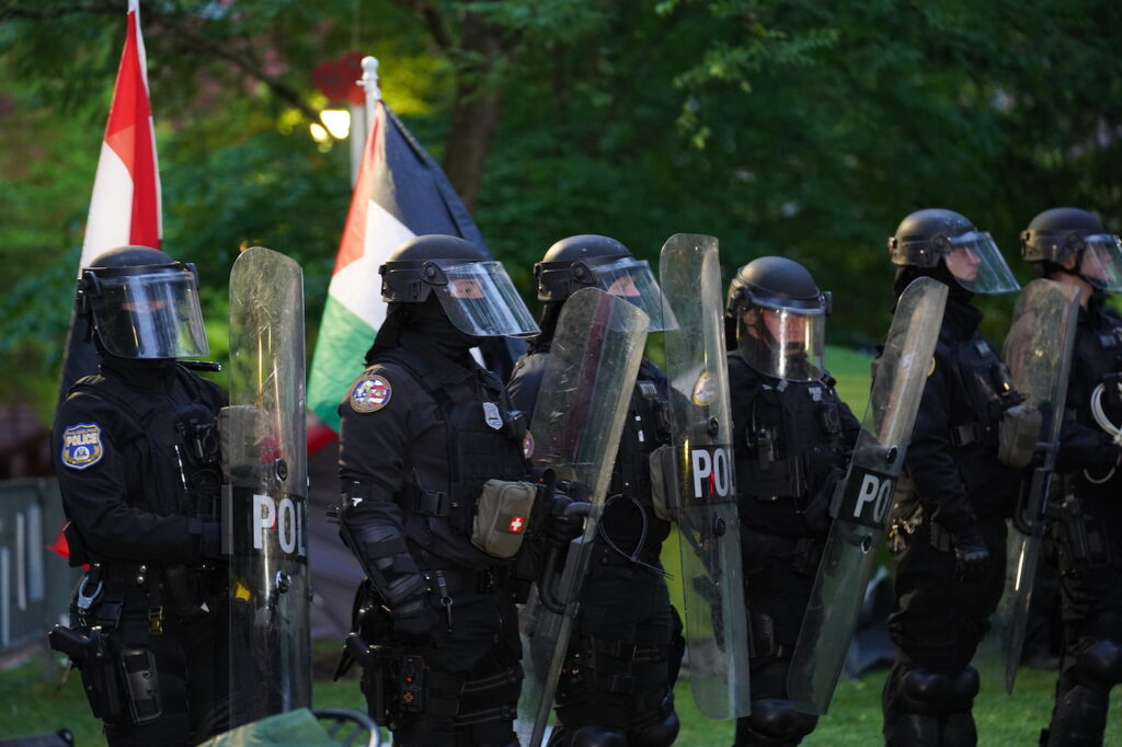 Police Disban Pro-Palistine Protest Encampment Police disband the pro-Palestine encampment and make numerous arrests, Friday May 10, 2024, on the campus of the University of Pennsylvania.