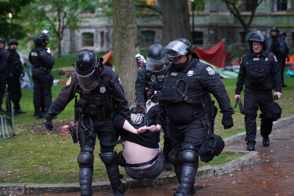 Police Disban Pro-Palistine Protest Encampment Police disband the pro-Palestine encampment and make numerous arrests, Friday May 10, 2024, on the campus of the University of Pennsylvania.