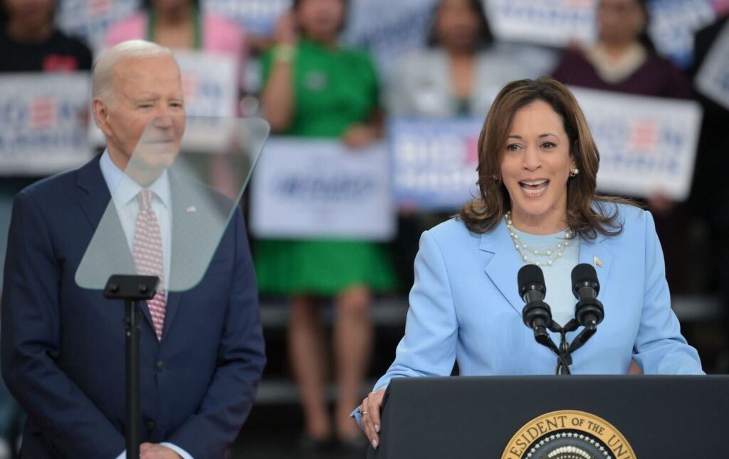 Kamala Harris speaking at a podium