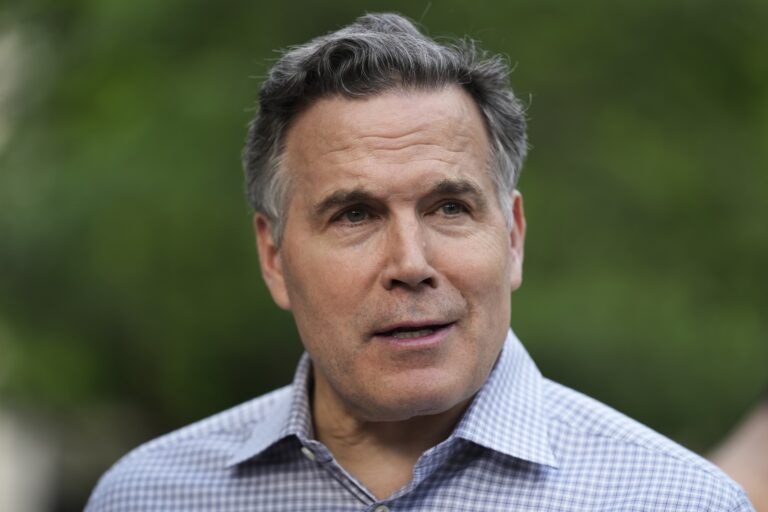 Republican U.S. Senate candidate Dave McCormick speaks outside a Gaza Solidarity Encampment at the University of Pennsylvania in Philadelphia, Wednesday, May 1, 2024.
