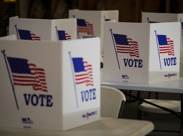 Voting booths are set up at a polling place in Newtown, Pa., Tuesday, April 23, 2024.