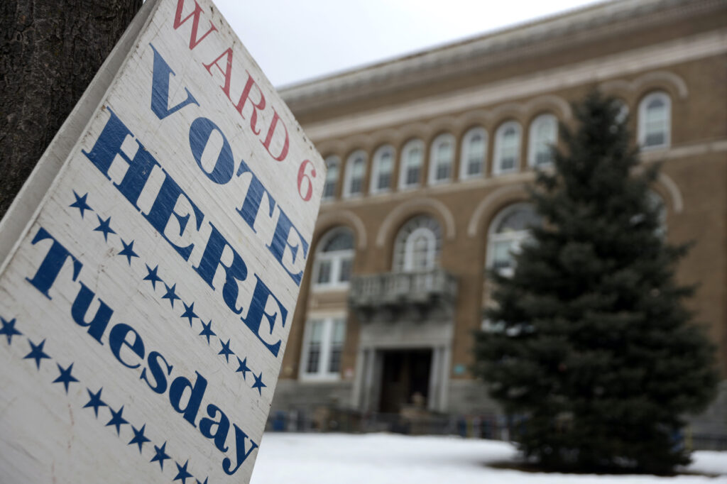 Vermont Voters Prepare To Vote In Super Tuesday Primary sign at a polling place