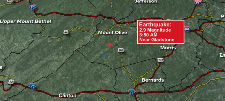 A map shows parts of New Jersey affected by an earthquake