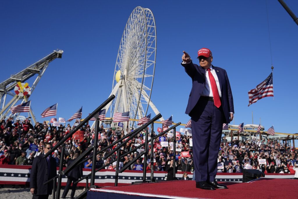 APTOPIX Election 2024 Trump Republican presidential candidate former President Donald Trump gestures to the crowd during a campaign rally in Wildwood, N.J., Saturday, May 11, 2024.