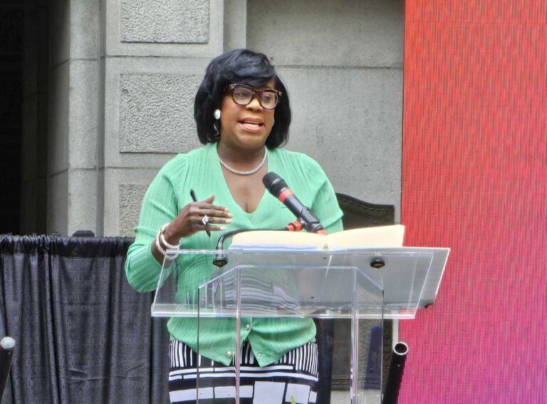 Cherelle Parker speaking at a press conference