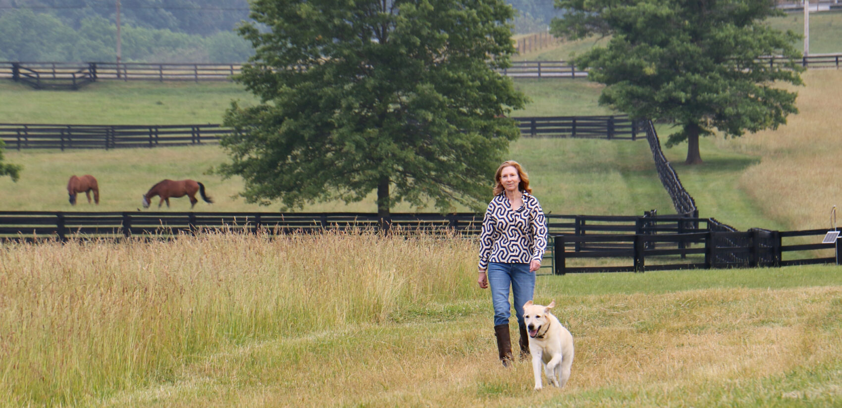 D.D. Matz walks with her dog in a field