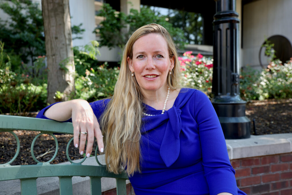 Delaware State Treasurer Colleen Davis in the courtyard outside her Wilmington office.