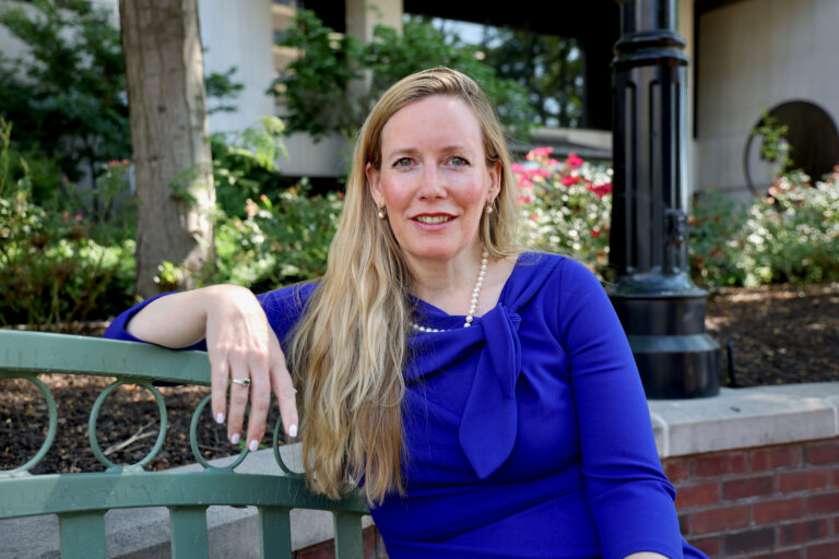 Delaware State Treasurer Colleen Davis in the courtyard outside her Wilmington office.