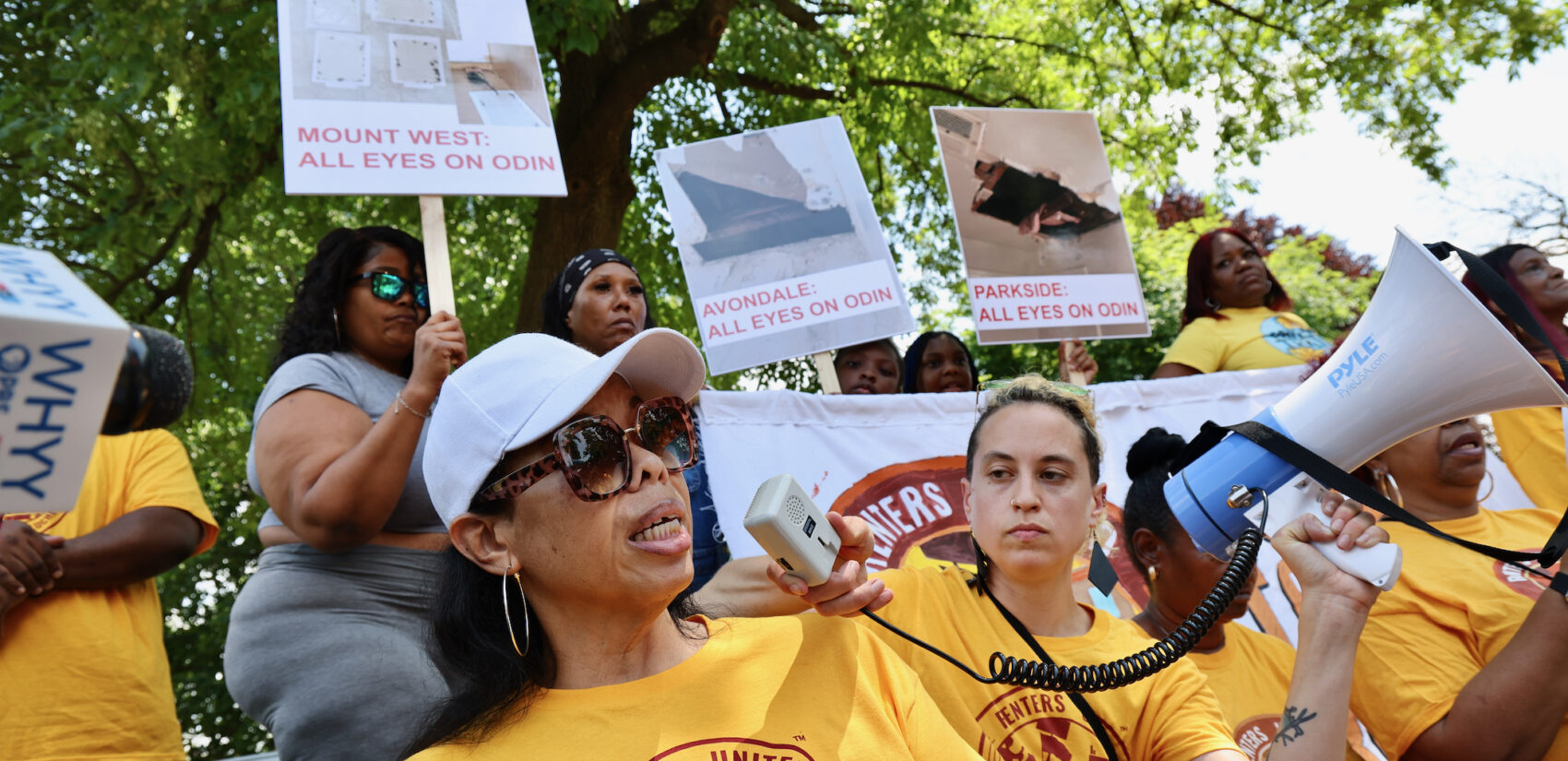 Lori Peterson speaks to protesters