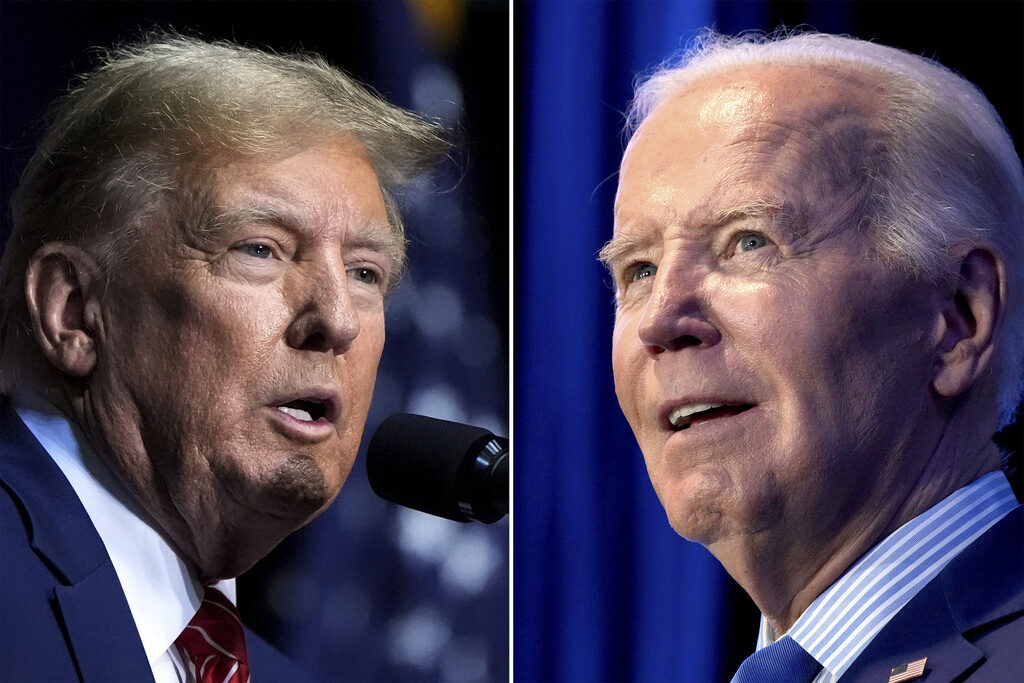 Election 2024 Debate Biden Trump This combo image shows Republican presidential candidate former President Donald Trump, left, March 9, 2024 and President Joe Biden, right, Jan. 27, 2024.
