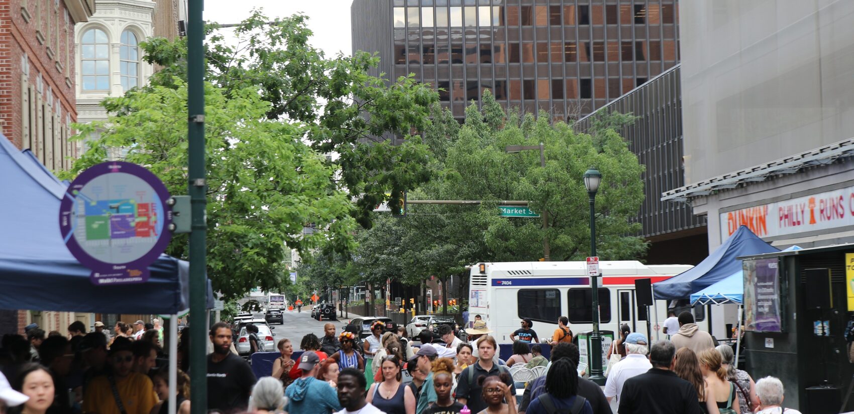 Hundreds packed Seventh Street next to the Declaration House on Monday for a block party celebrating the building's exhibit produced by Monument Lab. (Cory Sharber/WHYY)