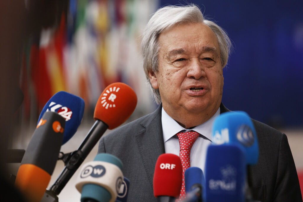 United Nations Combating Online Hate United Nations Secretary General António Guterres speaks into microphones