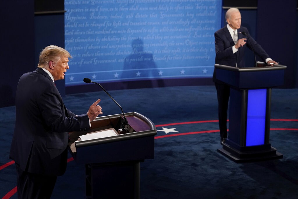 Election 2024 Debate Biden Trump President Donald Trump and Democratic presidential candidate former Vice President Joe Biden debate during the first presidential debate Sept. 29, 2020, at Case Western University and Cleveland Clinic, in Cleveland