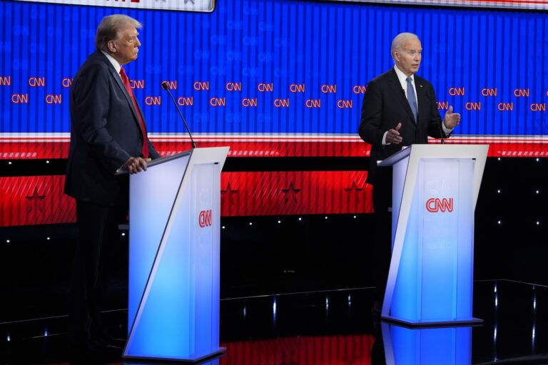 President Joe Biden, right, and Republican presidential candidate former President Donald Trump, left, participate in a presidential debate hosted by CNN, Thursday, June 27, 2024, in Atlanta.