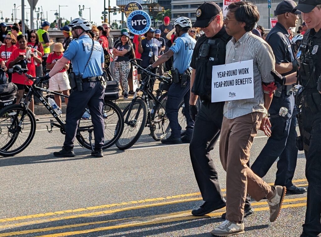 nikil-saval-aramark-arrest State Senator Nikil Saval arrested at the Aramark protest. (@SenatorSaval/X)