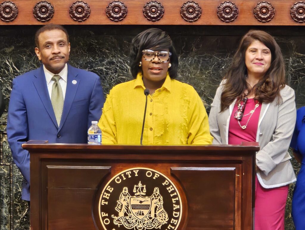 parker-city-hall-schools-announcement-t-macdonald-2024-06-27 Cherelle Parker speaking at a podium